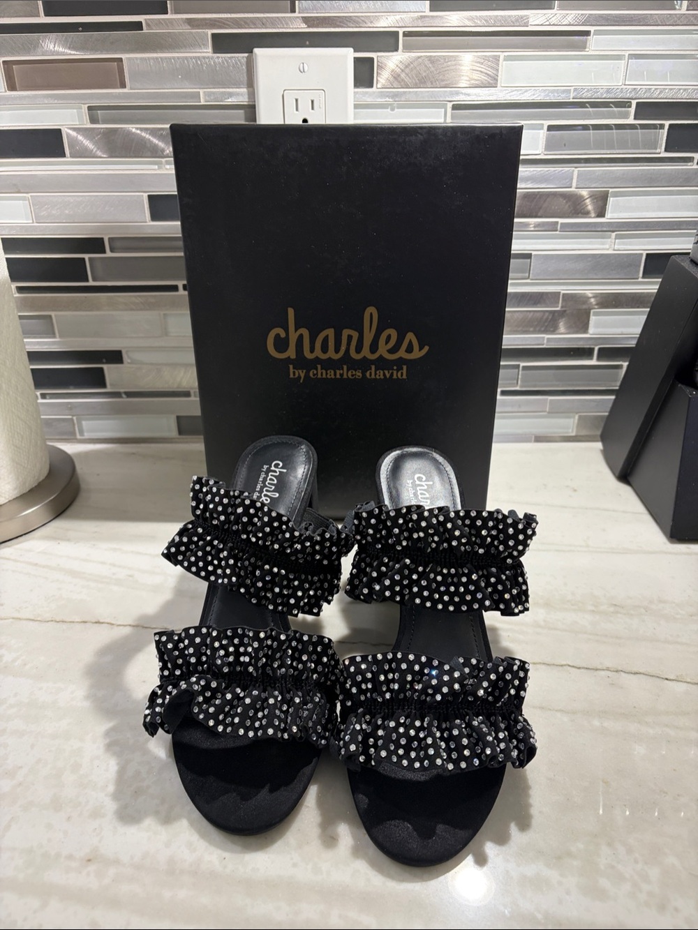 Charles by Charles David Black Ruffled Crystal Slide Heels